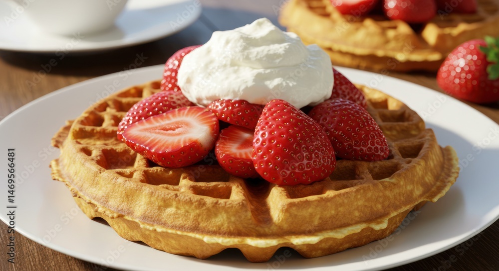 Waffle topped with strawberries and whipped cream on a white plate. Waffle topped with strawberries and whipped cream on a white plate.