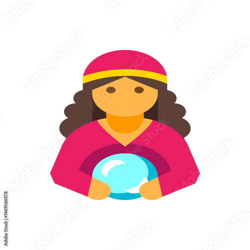 Illustration of a fortune teller with a pink hat and dress holding a glowing crystal ball in her hands
