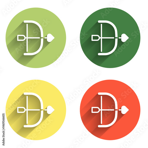 Set Bow and arrow icon isolated with long shadow background. Cupid symbol. Love sign. Happy Valentines day. Color circle button. Vector
