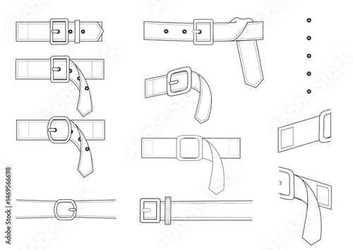 Fashion flat drawing of belt with buckle waist belt for coat, jacket, skirt, dress, trenchcoat, accessory, technical flat sketch vetcor icon