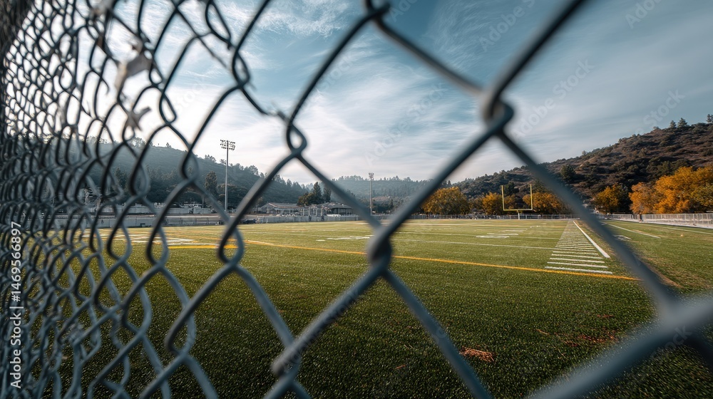 The view of a football field through a chain-link fence, showing the well-kept turf and goalposts, with no activity on the field The view of a football field through a chain-link fence, showing the well-kept turf and goalposts, with no activity on the field