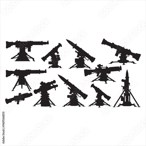 Military armament and troops silhouettes. Army aircraft, artillery, navy warships, submarine, helicopter, rockets, arc, soldier and paratrooper vector illustrations isolated on white background