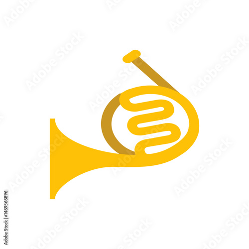 Illustration of a golden french horn with a mouthpiece and a circular coiled tubing on a white background