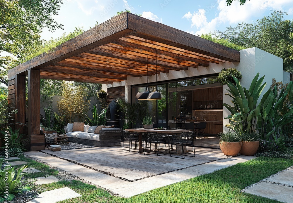 Outdoor living area under a wooden pergola. Spacious patio with comfortable seating, dining table, and fire pit. Modern design blends seamlessly with lush landscaping Outdoor living area under a wooden pergola. Spacious patio with comfortable seating, dining table, and fire pit. Modern design blends seamlessly with lush landscaping