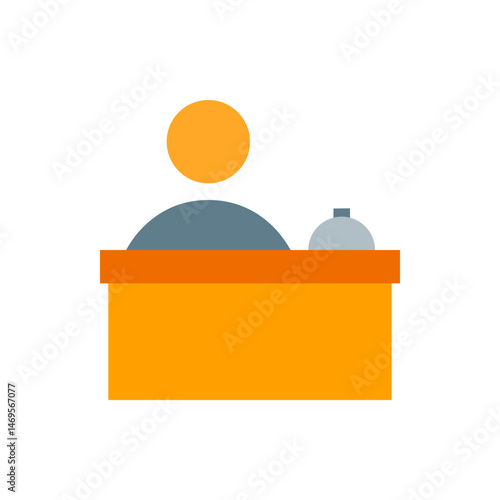 Illustration of a person behind a reception desk with a bell and an orange circle above them