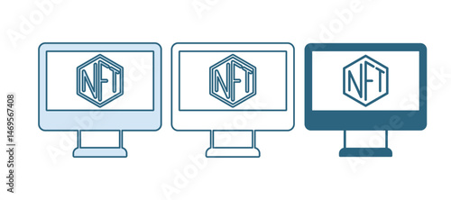 Blue Monitor with art store app icon isolated on white background. Technology of selling NFT tokens for cryptocurrency. Non fungible token concept. Vector