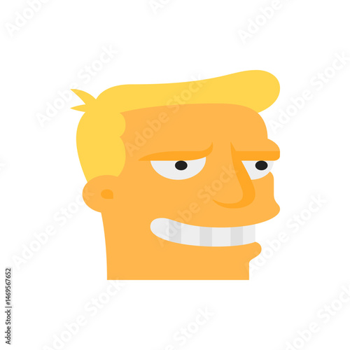 Illustration of a man's head with blonde hair, smiling, and looking slightly to the side in a cartoon style