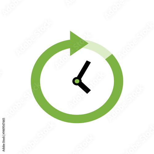 A clock face with black hands and a green arrow circling it, indicating time passing and a fresh start