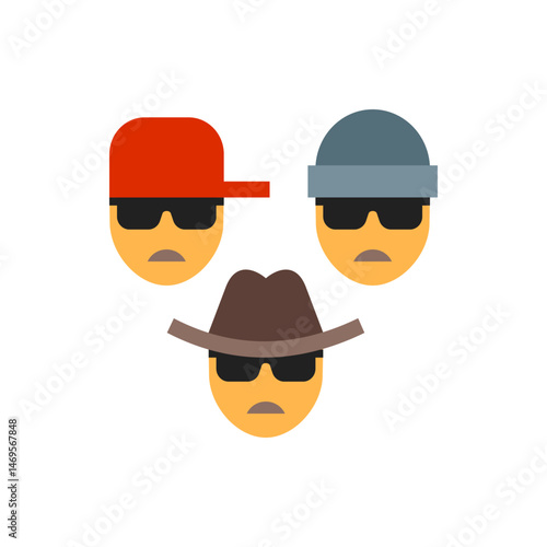 Three stylized emoji faces wearing hats and sunglasses with neutral expressions displayed together nicely