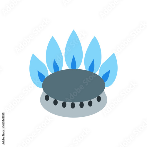 Illustration of a gas stove burner with blue flames emanating from the burner holes in a kitchen setting