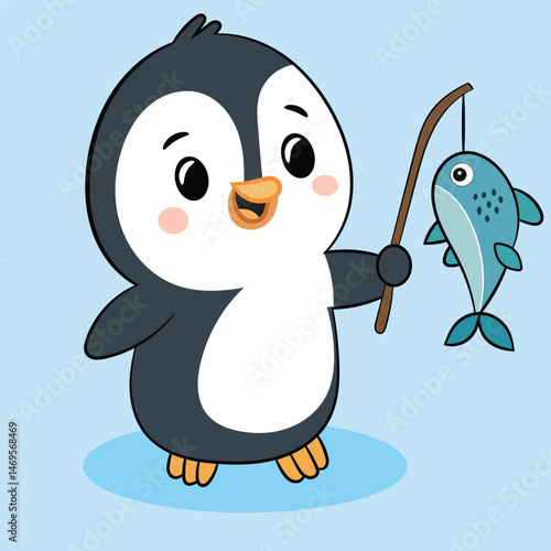 Cute penguin cartoon catching fish illustration