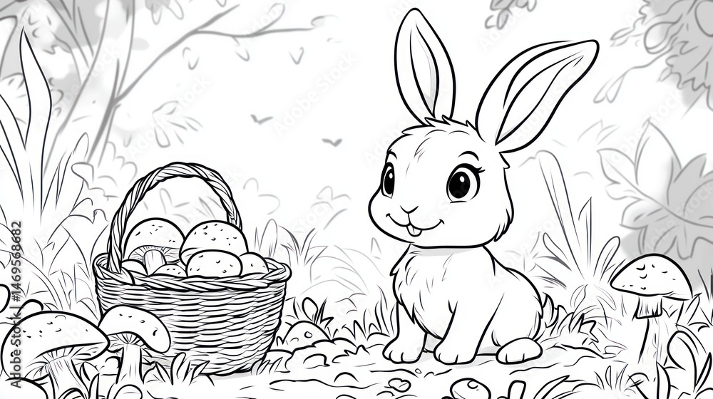 Cute bunny sits in a forest scene, looking at a basket of mushrooms. Sketch style, perfect for coloring Cute bunny sits in a forest scene, looking at a basket of mushrooms. Sketch style, perfect for coloring