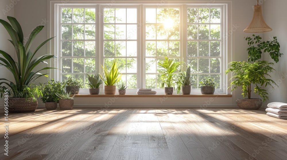 Fototapeta premium A serene indoor setting with a large window, wooden floor, and various potted plants, creating a cozy and natural atmosphere.