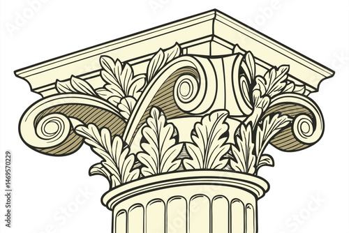 101 detailled golden corinthian column capital, ornate architectural element, elaborate decorative motif, intricate carved motifs, refined classical design, luxurious golden accents, elegant neoclassi