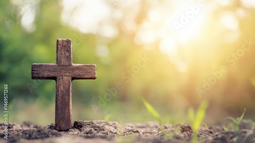 Cross made of aged wood, glowing softly in serene sacred landscape, Christian faith theme