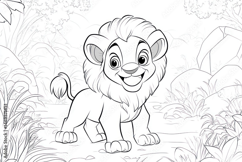 Obraz premium Cute lion cub in a jungle setting, ready for coloring. Jungle scene with lion cub, outlined in black ink