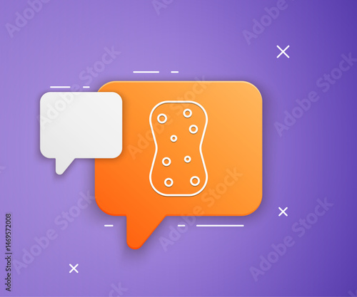 White Sponge with bubbles icon isolated on purple background. Wisp of bast for washing dishes. Cleaning service logo. Orange speech bubble symbol. Vector