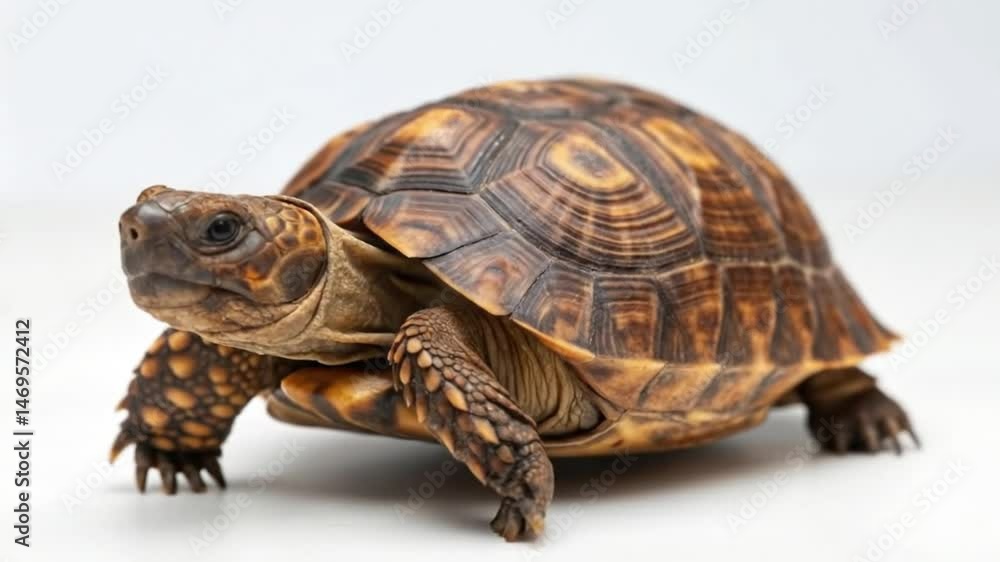 A tortoise with a patterned shell walks on a white surface, possibly a red-footed, Chaco, or yellow-footed tortoise. A tortoise with a patterned shell walks on a white surface, possibly a red-footed, Chaco, or yellow-footed tortoise.
