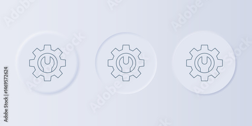 Grey Wrench spanner and gear icon isolated on grey background. Adjusting, service, setting, maintenance, repair, fixing. Set icons in square buttons. Vector