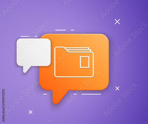 White Document folder icon isolated on purple background. Accounting binder symbol. Bookkeeping management. Orange speech bubble symbol. Vector