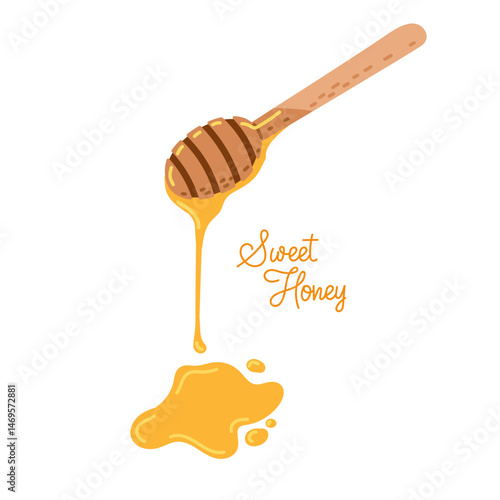 Wooden honey dipper drizzling sweet honey onto a surface with a cheerful inscription