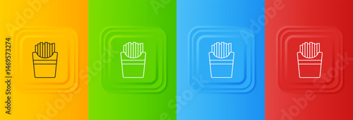 White Potatoes french fries in carton package box icon isolated on colorful background. Fast food menu. Set icons in square buttons. Vector