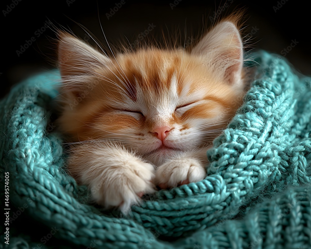 Fluffy kitten sleeping peacefully in a cozy knitted basket