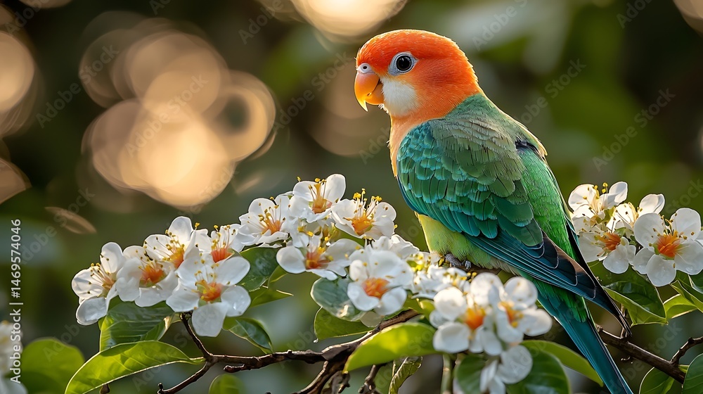 A vibrant lovebird perched on a flowering branch