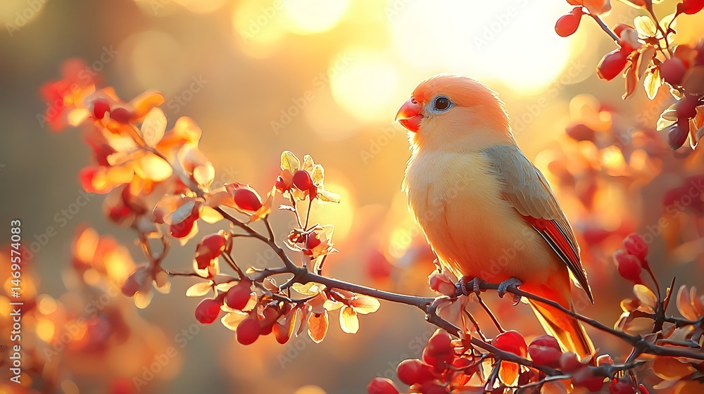 A lovebird perched on a flowering branch in the soft light