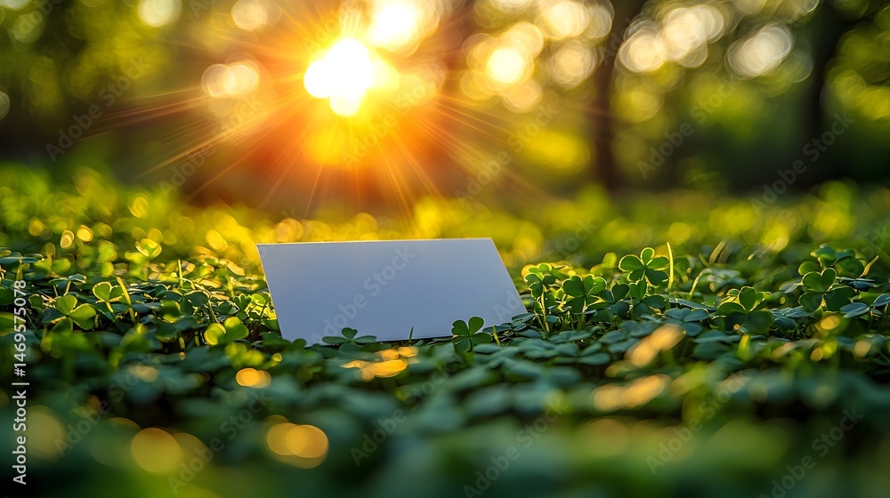 Blank gift card amidst a field of shamrocks under golden sunlight