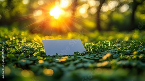 Obraz na płótnie Blank gift card amidst a field of shamrocks under golden sunlight w salonie