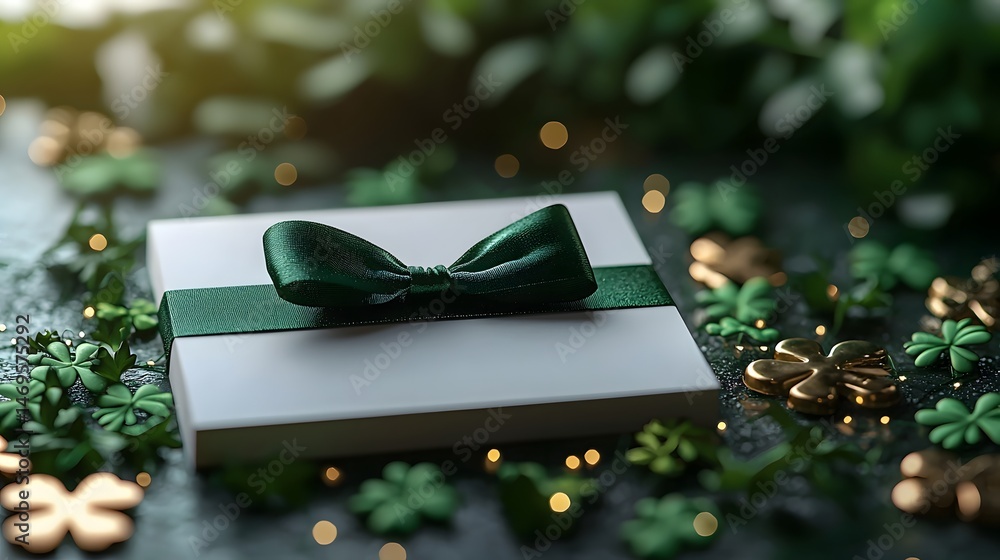 A green ribboned gift card on a shamrock and horseshoe decorated surface