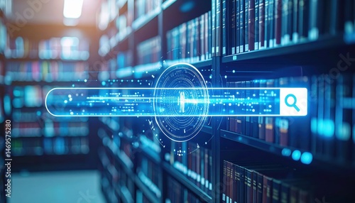 Digital search overlay in a library setting with bookshelves filled with various books and a bright atmosphere