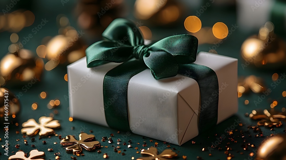 A beautifully wrapped gift box with a green satin ribbon bow long title A pristine white gift box wrapped with a lush green satin ribbon bow resting