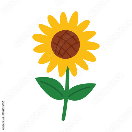 Cute sunflower illustration. Bright yellow petals, green leaves and brown center. Simple cheerful floral vector for summer, eco and seasonal design.