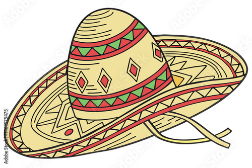104 woven straw sombrero hat, intricate patterns and designs, red, green, and yellow colors, traditional Mexican cultural style, detailed texture and weaving, photorealistic
