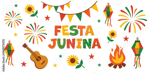 Colorful Festa Junina banner with sunflowers, fireworks, lanterns, guitar, bonfire and flags. Brazilian June festival celebration.