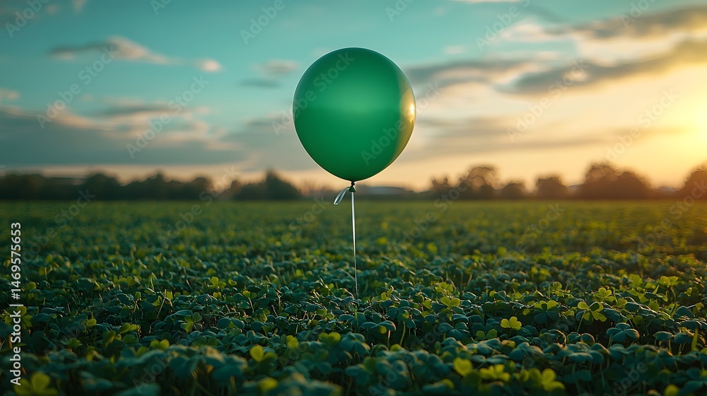 Green balloon floating above a field of clovers