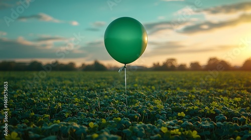 Obraz na płótnie Green balloon floating above a field of clovers w salonie