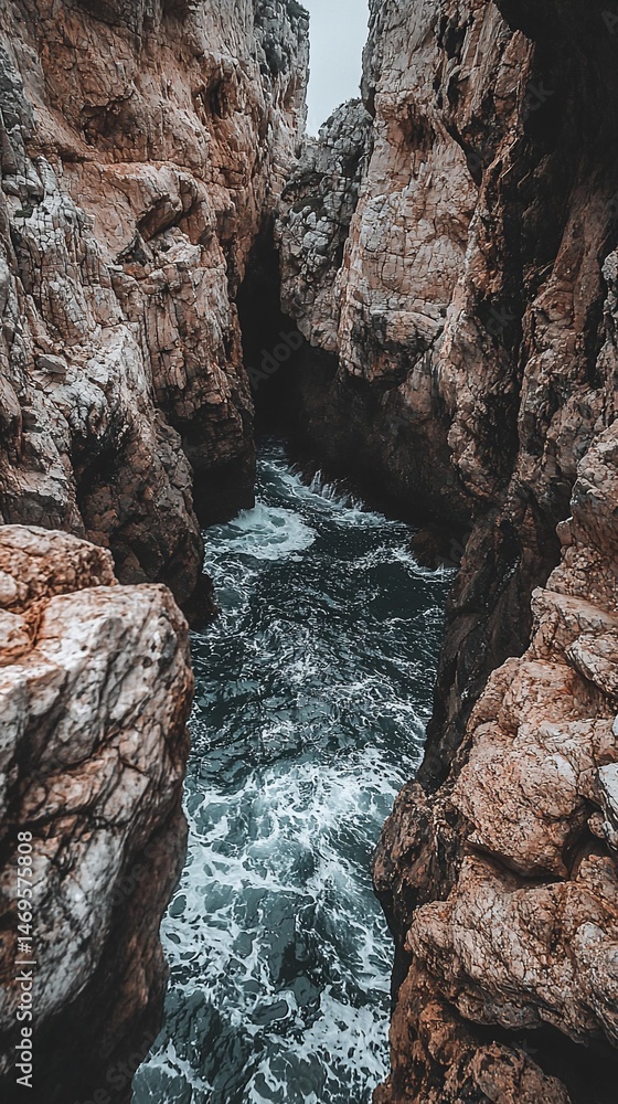 Obraz premium Dramatic ocean waters flowing between towering coastal rock formations scenery