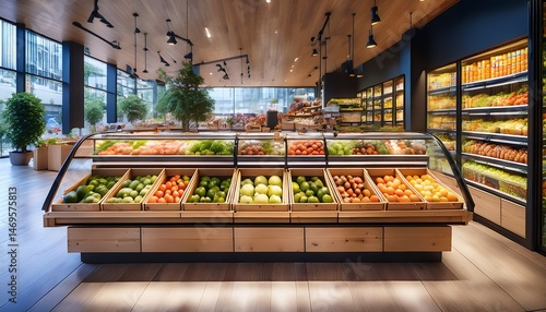 modern grocery store with large window display contemporary interior fresh produce various food items displayed in wooden crates on shelves store stylish inviting appearance city urban