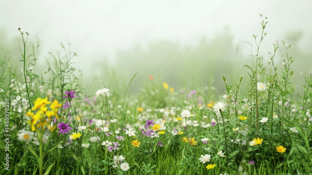 Fototapeta premium Misty Meadow with Vibrant Wildflowers
