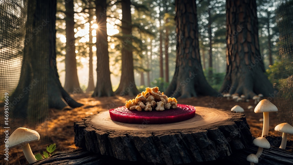 Food Display in Forest on Tree Stump with Mushrooms Around Food Display in Forest on Tree Stump with Mushrooms Around