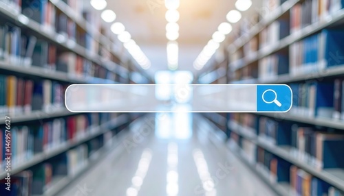 Blurred library background with a search bar overlay, conveying the concept of digital research and knowledge acquisition