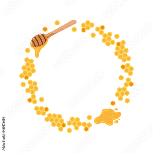 Decorative honey circle with honey dipper and honeycomb shapes