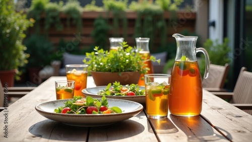 Refreshing summer drinks and salad served on backyard patio