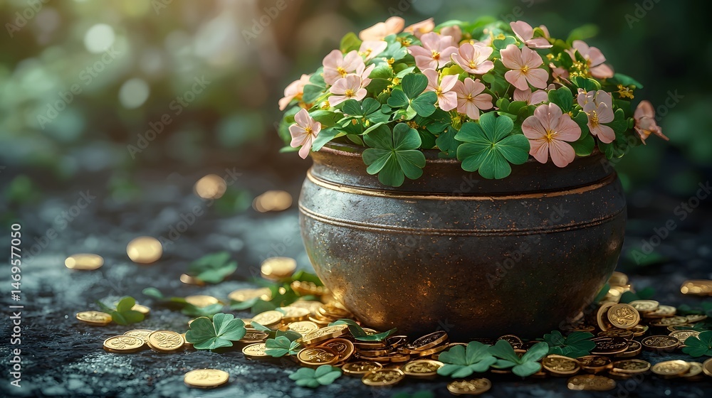 Pot of Clover Flowers and Golden Coins