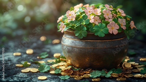 Obraz na płótnie Pot of Clover Flowers and Golden Coins w salonie