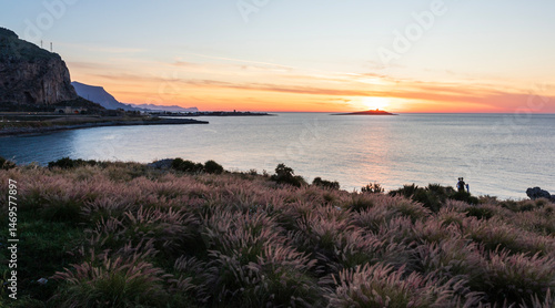 Sunset behind Isola delle Femmine, Terrasini, Sicily, Italy