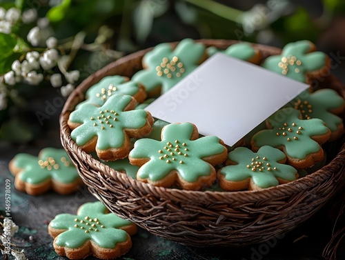 Shamrock shaped cookies in a wicker basket with a blank gift card